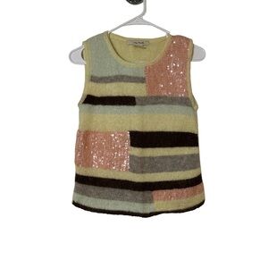 FREE PEOPLE Women’s Yellow Colorblock Wool Sequin Knit Boho Preppy Tank Top Sz M